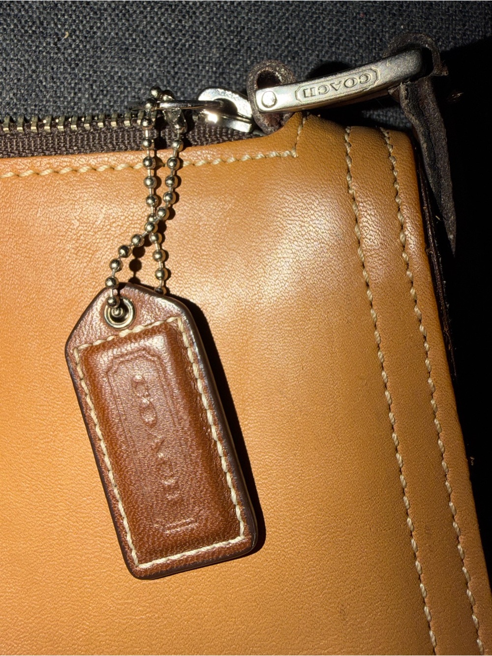 Coach Tan Leather Zip Pouch with Branded Leather Tag